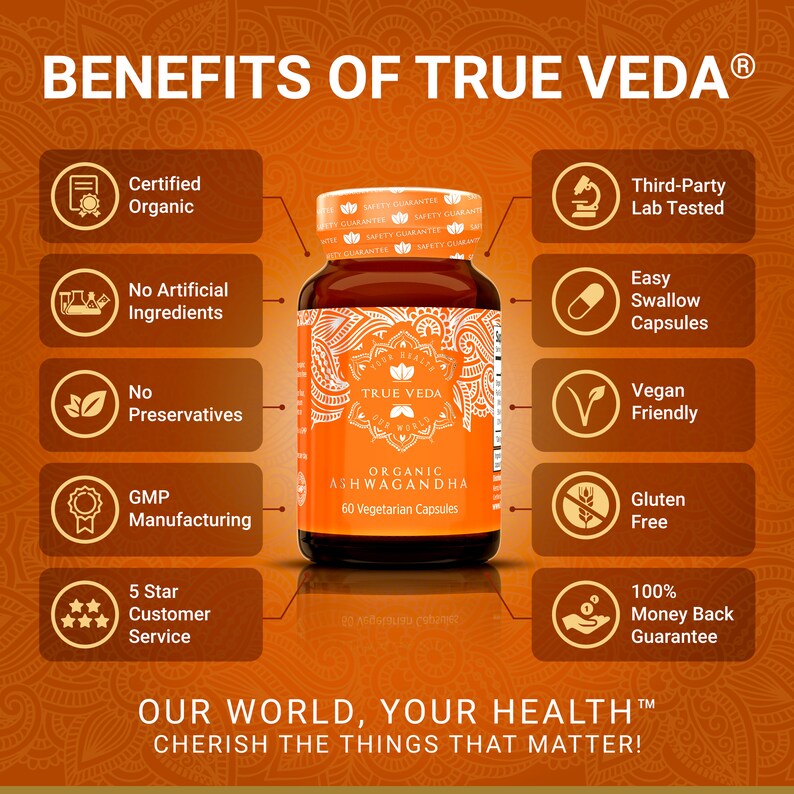 May include: A bottle of True Veda Organic Ashwagandha dietary supplement with 60 vegetarian capsules. The bottle is surrounded by icons highlighting the product's benefits, including certified organic, third-party lab tested, vegan friendly, and gluten free.