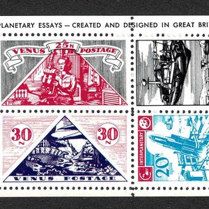 May include: A sheet of six vintage postage stamps depicting interplanetary travel. The stamps feature illustrations of spaceships, rockets, and astronauts. The stamps are printed in a variety of colours, including blue, green, red, and yellow. The stamps are labelled with the words "Interplanetary Postage" and "Venus Postage".