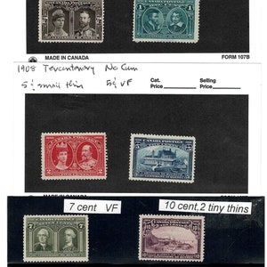 May include: A collection of Canadian Tercentenary stamps from 1908. The stamps feature various designs, including portraits of historical figures and scenes from Canadian history. The stamps are in various conditions, including VF (very fine) and with tiny thins.
