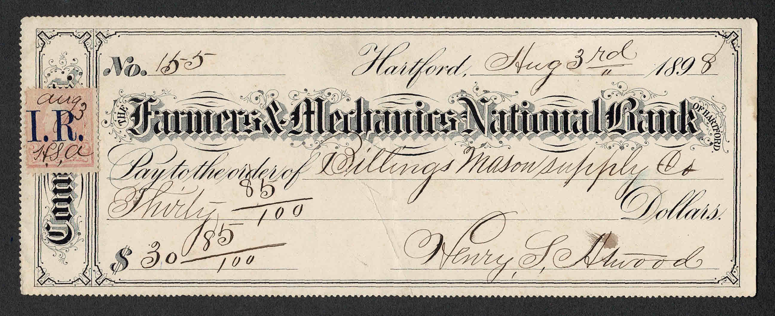1889 USA Farmers & Mechanics Nat'l Bank Check With I.R. Overprint