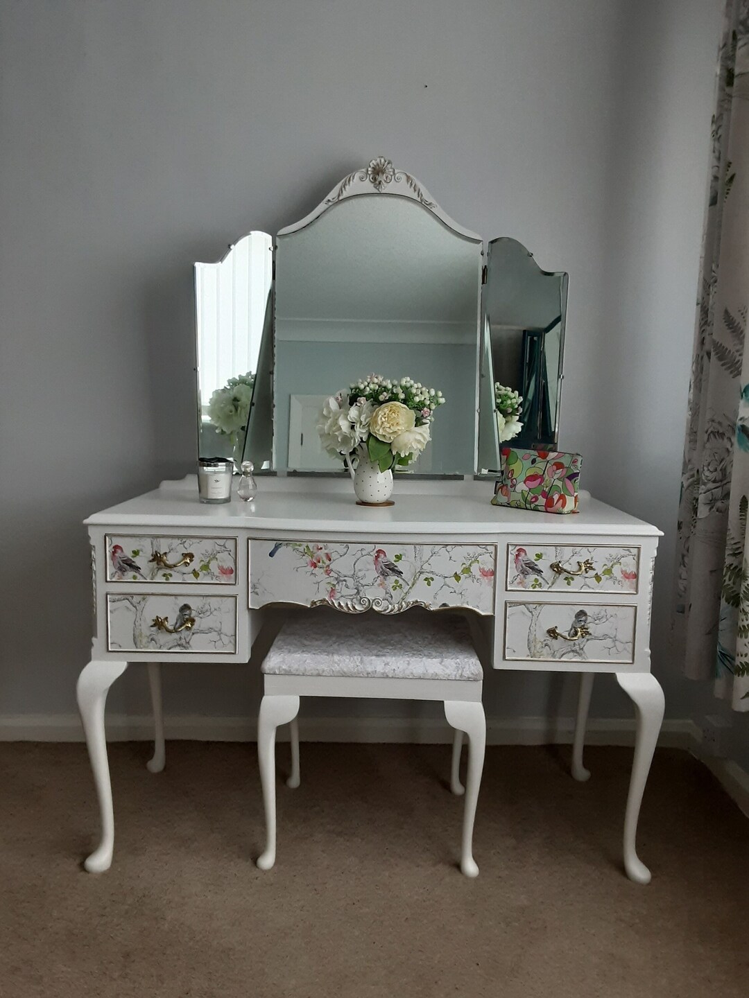 Queen Anne Style Dressing Table Mirrors and Stool in White With Bird