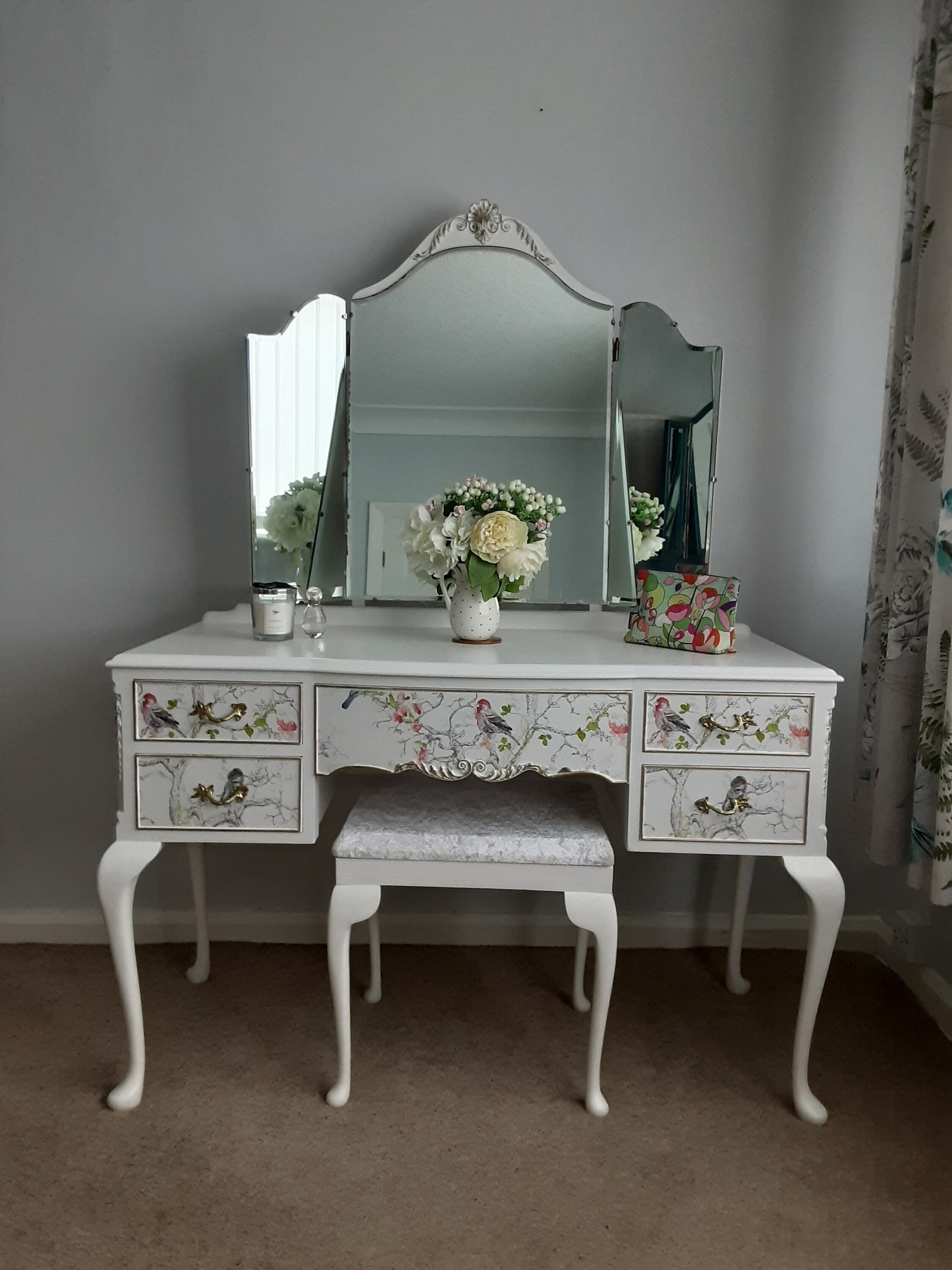 Queen Anne Style Dressing Table Mirrors and Stool in White Etsy UK