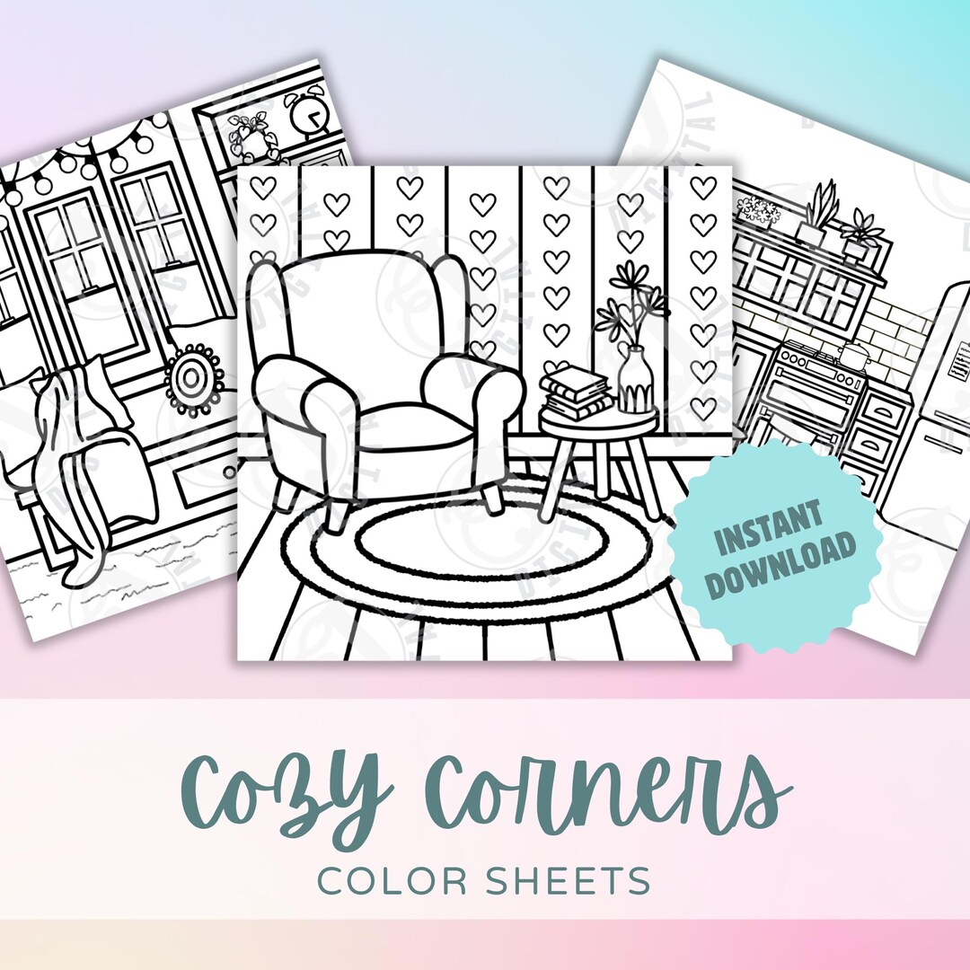 Cozy Home Coloring Pages for Adults: Reading Nook, Kitchen (printable ...