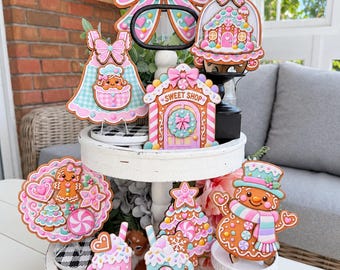 Sweet Shop Christmas Collection | Pastel Gingerbread Wood Signs | Pink Candy Christmas Kitchen & Tiered Tray Decor