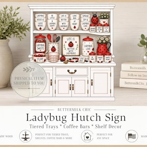 May include: A white ladybug-themed hutch with various decorative items, including jars, bowls, and mugs. The hutch features the text "Ladybug Sweets" and "Life is Better with Ladybugs." The image also includes a vase with greenery and a stack of books.