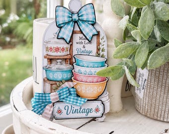 Vintage Dishes Cloche Sign | Retro Kitchen Bowl Decor | Layered Wood Tiered Tray Shelf Sitter