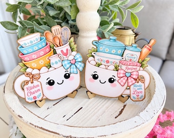 Vintage Kitchen Charm Marshmallow Mug Sign Pair | Tiered Tray Coffee Bar Shelf Decor Vintage Kitchen Dishes