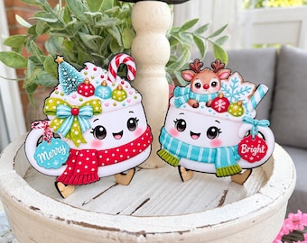 Merry and Bright Christmas Marshmallow Mug Sign Pair | Tiered Tray Coffee Bar Shelf Decor | Two Wood Easels