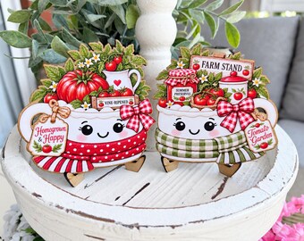 Tomato Garden Marshmallow Mug Sign Pair | Tiered Tray Coffee Bar Shelf Decor | Garden Themed Decor