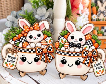 Easter Marshmallow Mugs Tiered Tray Decor | Orange Bunny and Carrot Wood Signs | Farmhouse Collection