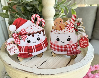 Santas Cocoa Cookie Crew Marshmallow Mug Sign Pair | Tiered Tray Coffee Bar Shelf Decor | Christmas Signs