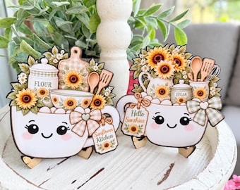 Sunflower Kitchen Marshmallow Mug Sign Pair | Tiered Tray Coffee Bar Shelf Decor | Fall Sunflower Decor