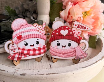 Valentine Marshmallow Mug Signs, Pink Love Tiered Tray Decor | Coffee Bar, Shelf, Tabletop Decor Valentines Day