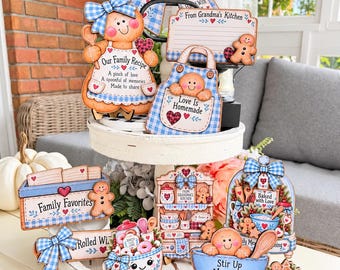 Blue and White Gingerbread Wood Sign Collection | Vintage Kitchen Christmas Decor | Check Tiered Tray Signs