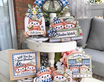 Groundhog Day Wood Sign Collection, Navy and Sage Tiered Tray Decor, Spring Shelf Sitters | Feburary Decor | Buttermilk Chic