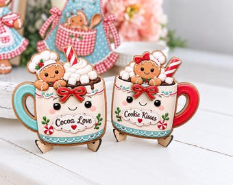 Teal & Red Gingerbread Marshmallow Mug Signs, Set of 2 | Nostalgic Christmas Kitchen and Tiered Tray Decor