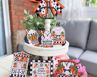 Easter Tiered Tray Decor | Orange Bunny and Carrot Wood Signs | Farmhouse Collection
