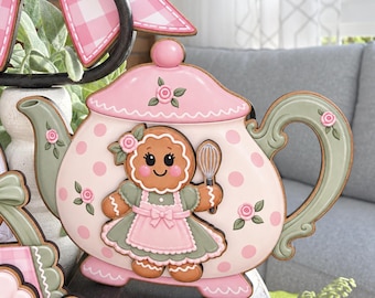 Pink Tea Party Wood Signs, Gingerbread Teapot and Marshmallow Mugs, Tiered Tray and Kitchen Table Decor