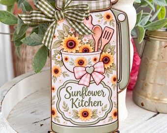 Sunflower Kitchen Thermos Wood Sign, Farmhouse Kitchen Decor, Tiered Tray Accent, Coffee Bar Shelf Display, Fall Decor