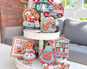 Teal & Red Nostalgic Christmas Gingerbread Collection | Layered Wood Signs | Vintage Kitchen Tiered Tray Decor
