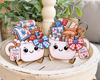 Quilting Love Marshmallow Mug Sign Pair | Tiered Tray Coffee Bar Shelf Decor | Quilting Room Sewing Room Decor