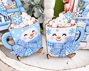 Blue and White Snowman Wood Signs, Winter Wishes Tiered Tray and Kitchen Table Decor