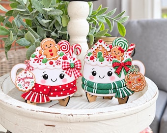 Gingerbread Sugar and Spice Marshmallow Mug Sign Pair | Tiered Tray Coffee Bar Shelf Decor | Two Wood Easels