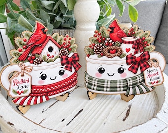 Redbird Lane Cardinal Marshmallow Mug Sign Pair | Tiered Tray Coffee Bar Shelf Decor Redbird Christmas Gift