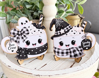 Halloween Buffalo Check Marshmallow Mug Sign Pair | Tiered Tray Coffee Bar Shelf Decor | Cute Ghosts