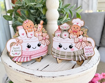 Vintage Gingerbread Baking Marshmallow Mug Sign Pair | Tiered Tray Coffee Bar Shelf Decor | Pink Gingerbread