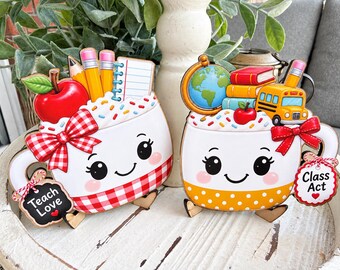 Teacher Teach Love Marshmallow Mug Sign Pair | Tiered Tray Coffee Bar Shelf Decor | Teacher Gift