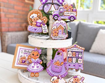 Purple Nostalgic Christmas Gingerbread Collection | Layered Wood Signs | Vintage Kitchen Tiered Tray Decor