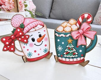 Snowman Christmas Wood Signs, Retro Kitchen and Cocoa Bar Decor for Tiered Trays and Holiday Tables