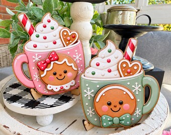 Pink & Green Gingerbread Marshmallow Mug Signs Set of 2 | Christmas Kitchen Tiered Tray Decor Shelf Decor