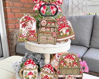Mushroom Tiered Tray Collection | Hutch, Truck, Cloche, Bow, Mugs & Vintage Lady Signs Whimsical Woodland Mushroom Decor