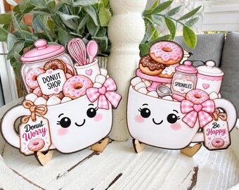 Pink Donut Shop Marshmallow Mug Sign Pair | Tiered Tray Coffee Bar Shelf Decor | Two Wood Easels