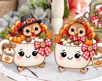 Thanksgiving Marshmallow Mugs Tiered Tray Decor, Pilgrim Wood Signs, Turkey Mugs, Fall Turkey