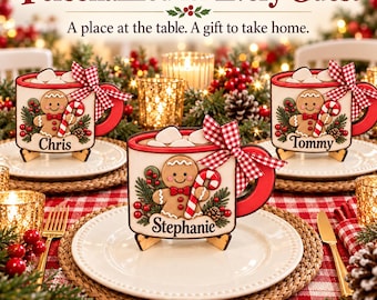 Personalized Christmas Dinner Place Setting Favors | Custom Name Marshmallow Mug Wood Signs | Friendsmas Table Decor Guest Gifts