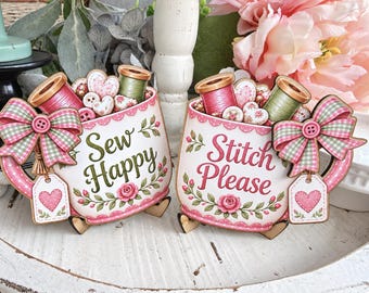 Sewing Room Signs Mug Wood Signs, Sew Happy and Stitch Please Pair, Quilter Gift, Craft Room Decor