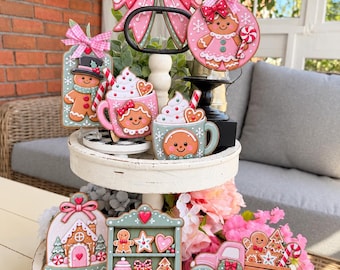 Pink and Green Gingerbread Christmas Signs Collection | Tiered Tray & Farmhouse Christmas Kitchen Decor Cute Gingerbread
