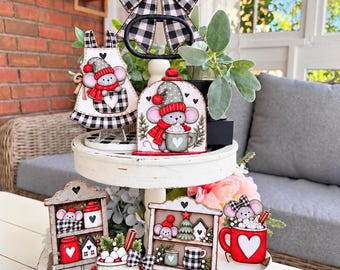 Red Mouse Cocoa Christmas Tiered Tray Decor | Primitive Winter Mouse Signs | Mugs, Hutches, Truck & Apron