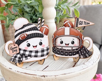 Football Game Day Marshmallow Mug Sign Pair | Tiered Tray Coffee Bar Shelf Decor | Football Signs