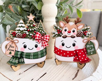 Woodland Christmas Marshmallow Mug Sign Pair | Tree Farm Reindeer Tiered Tray Decor | Two Wood Easels
