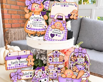 Purple Gingerbread Wood Sign Collection | Vintage Kitchen Christmas Decor | Check Tiered Tray Signs