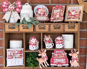 Reindeer Games Christmas Sign Collection | Tiered Tray Decor | Marshmallow Mugs, Cloche, Hutch, Truck, Snow Globe & Vintage Lady