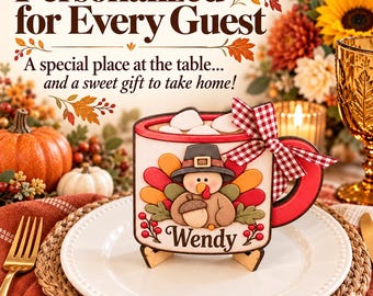 Personalized Thanksgiving Place Setting Favors | Custom Name Marshmallow Mug Wood Signs | Friendsgiving Table Decor Guest Gifts | Placecard