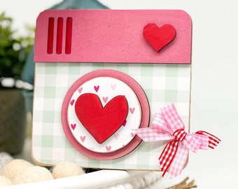 Vintage Style Camera Sign Valentines Hearts Girly Shabby Country Wood Tiered Tray. Pink Wood sugar Sign. Shabby Chic Buttermilk Chic