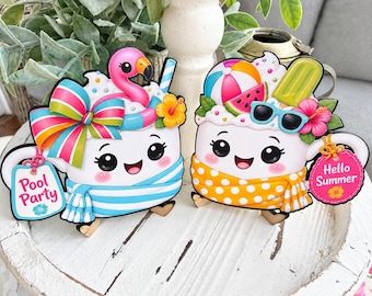 Pool Party Summer Marshmallow Mug Sign Pair | Tiered Tray Coffee Bar Shelf Decor Flamingo Ice Cream Beach Ball