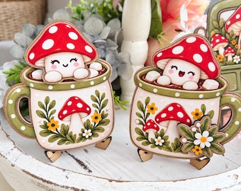 Mushroom Tiered Tray Marshmallow Mug Signs | Shelf, Tabletop, Coffee Bar Decor Kitchen Decor