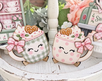 Pink Tea Party Wood Signs, Gingerbread Teapot and Marshmallow Mugs, Tiered Tray and Kitchen Table Decor